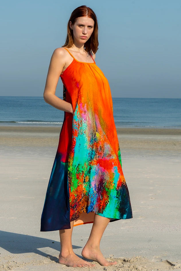 Roar Tiger Animal Print Abstract Multicolour Spaghetti Strap Maxi Dress