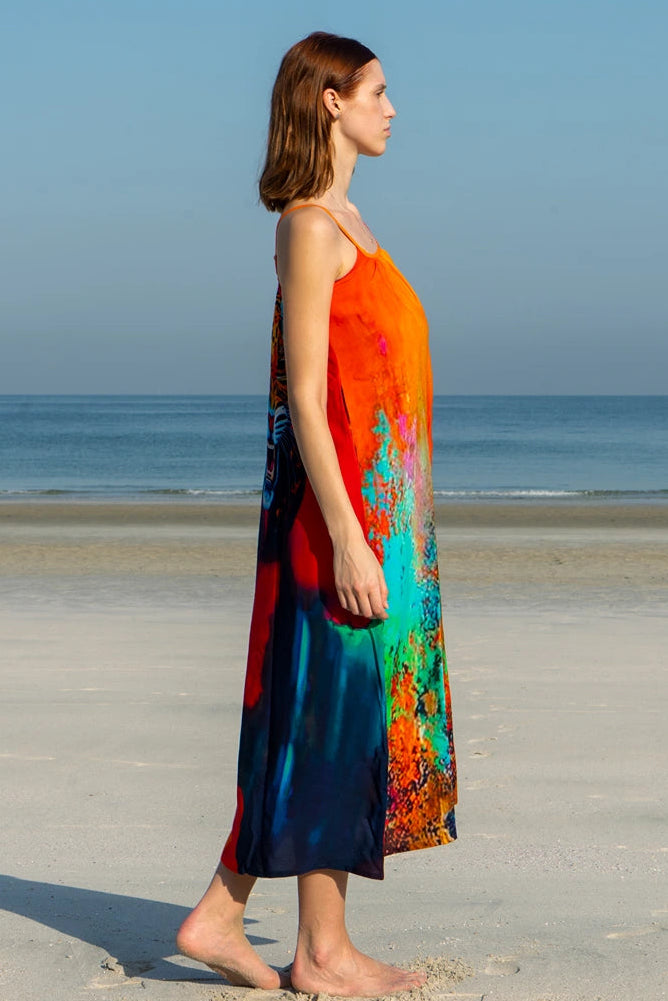 Roar Tiger Animal Print Abstract Multicolour Spaghetti Strap Maxi Dress