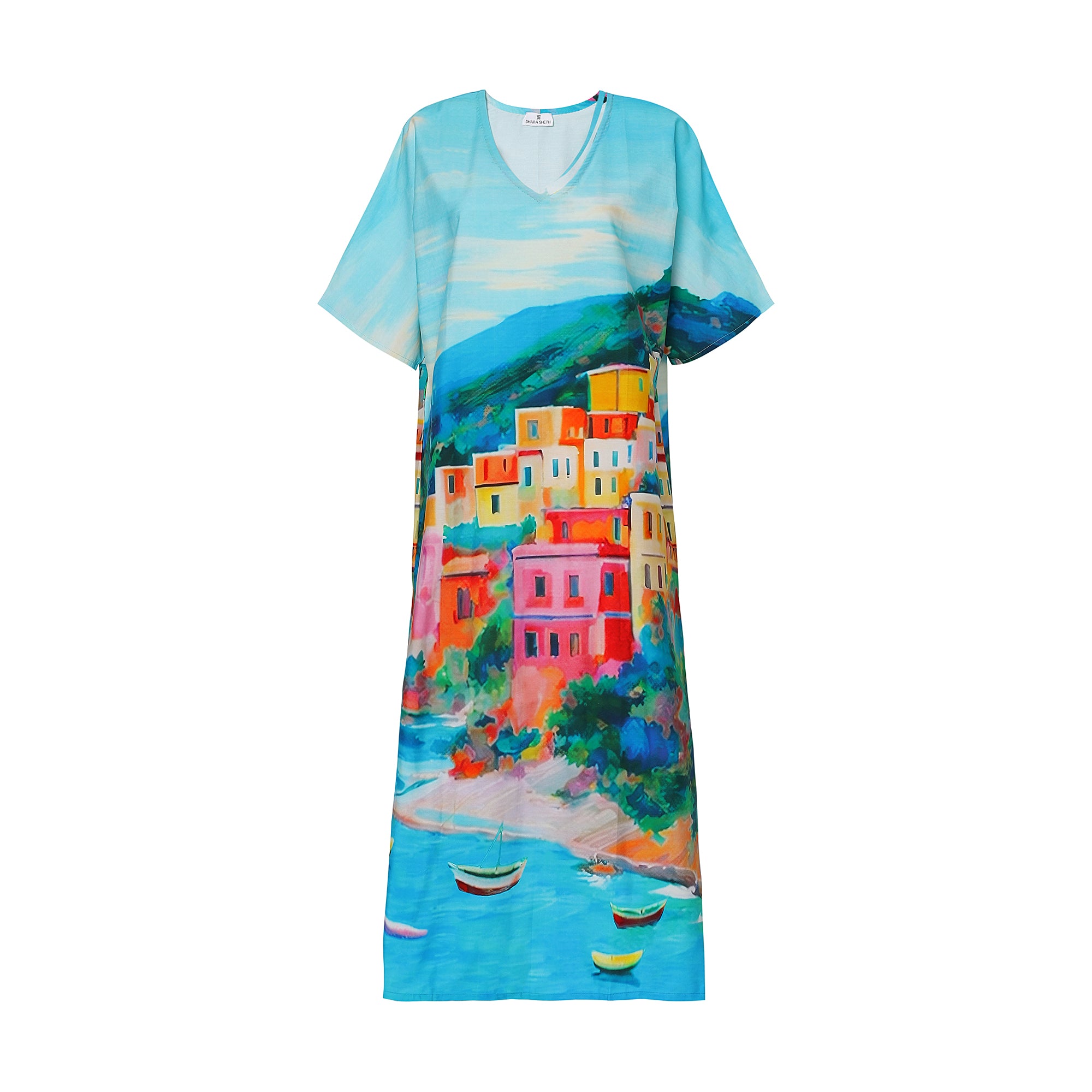 La Dolce Riviera Mediterranean Long Kaftan Dress With Pockets And Vintage Look