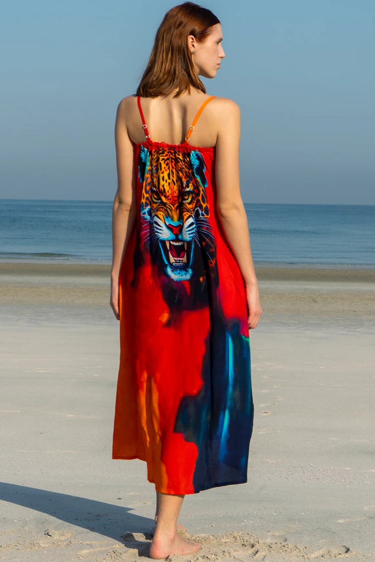 Roar Tiger Animal Print Abstract Multicolour Spaghetti Strap Maxi Dress