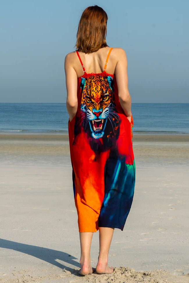 Roar Tiger Animal Print Abstract Multicolour Spaghetti Strap Maxi Dress