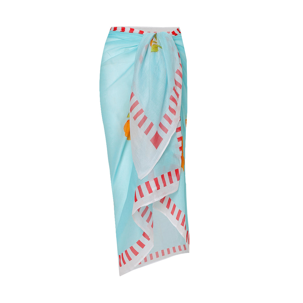 Azure Bloom Floral Resort Cotton Sarong - Powder Blue,Orange ,Red