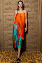 Roar Tiger Animal Print Abstract Multicolour Spaghetti Strap Maxi Dress