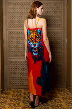 Roar Tiger Animal Print Abstract Multicolour Spaghetti Strap Maxi Dress
