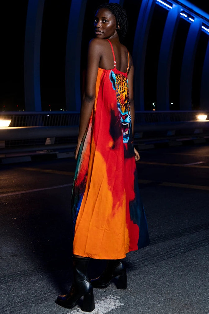 Roar Tiger Animal Print Abstract Multicolour Spaghetti Strap Maxi Dress