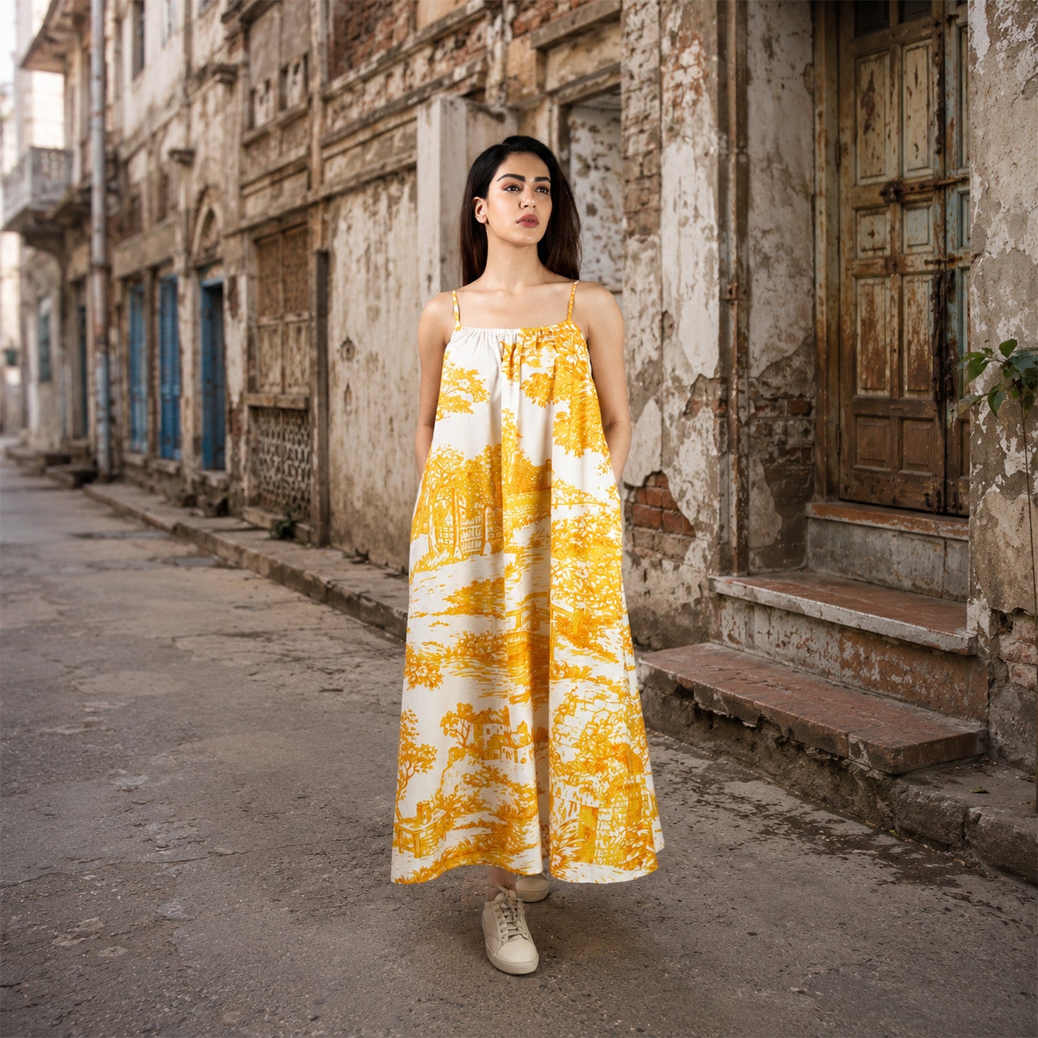 A Place In Time Scenic Toile Countryside Spaghetti Strap Maxi Dress
