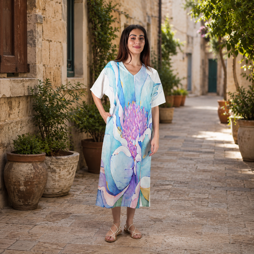 Fleur Watercolour Floral Long Kaftan Dress
