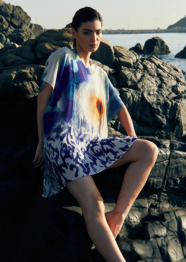 Ciel & Sand Printed Sheer Short Kaftan