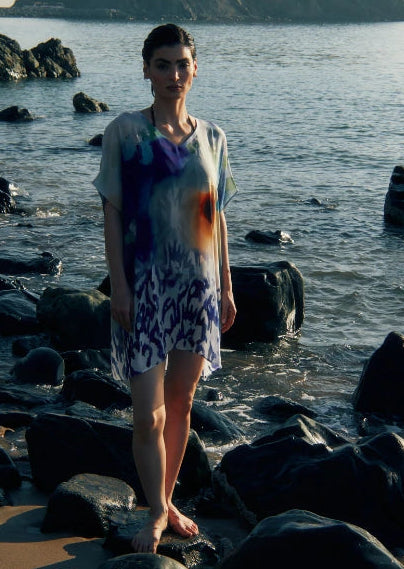 Ciel & Sand Printed Sheer Short Kaftan