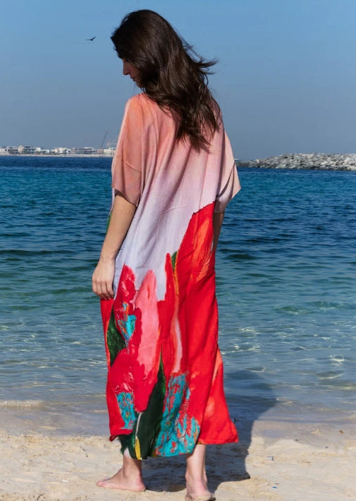 Coral Mirage Floral Long Kaftan