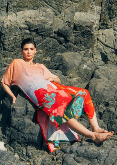 Coral Mirage Floral Long Kaftan With Side Slits