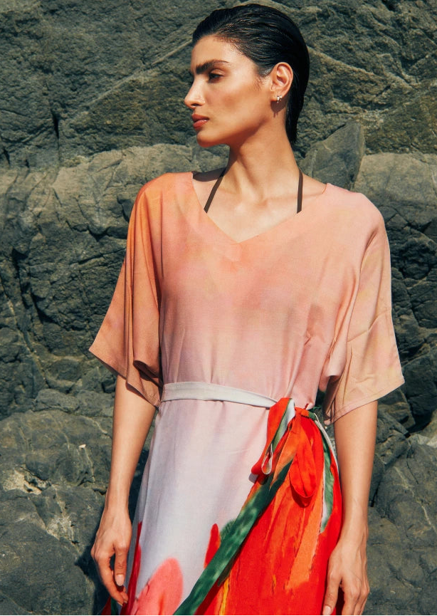 Coral Mirage Floral Long Kaftan With Side Slits