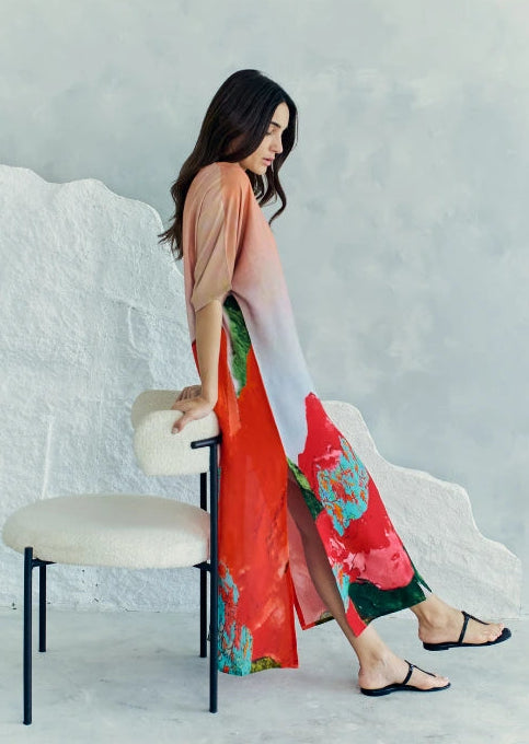 Coral Mirage Floral Long Kaftan With Side Slits