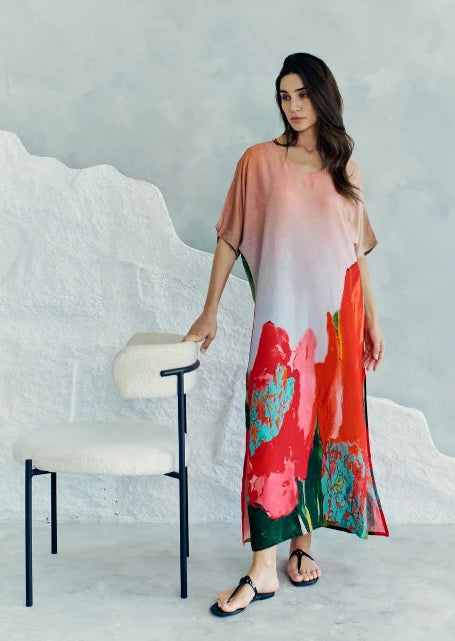 Coral Mirage Floral Long Kaftan With Side Slits
