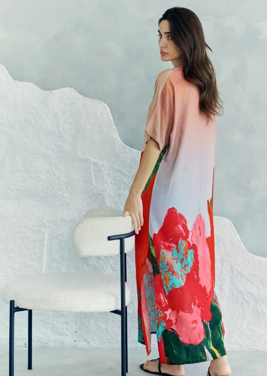 Coral Mirage Floral Long Kaftan With Side Slits
