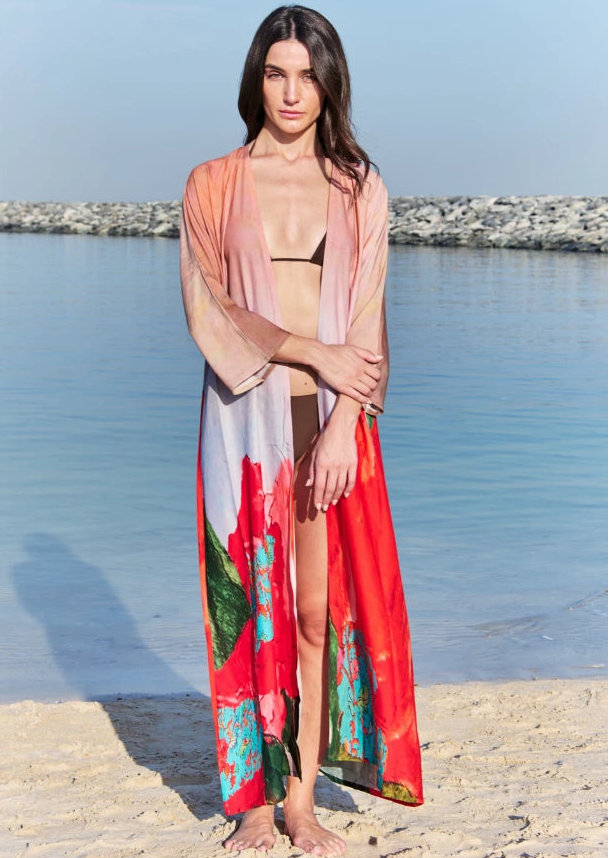 Coral Mirage Floral Long Kimono