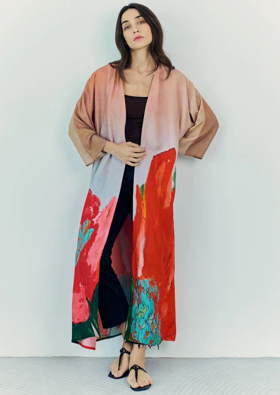 Coral Mirage Floral Long Kimono