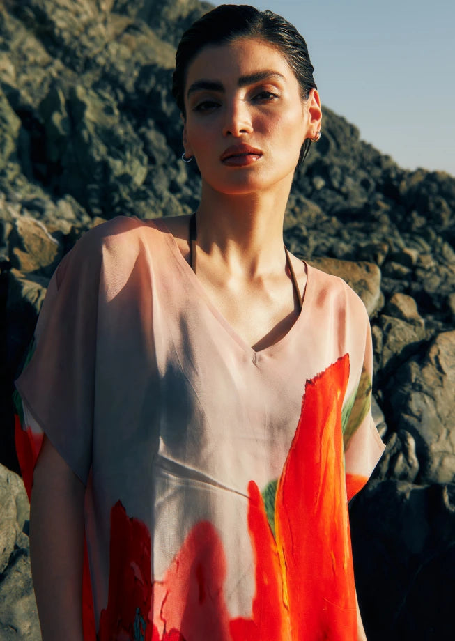 Coral Mirage Floral Printed Sheer Short Kaftan