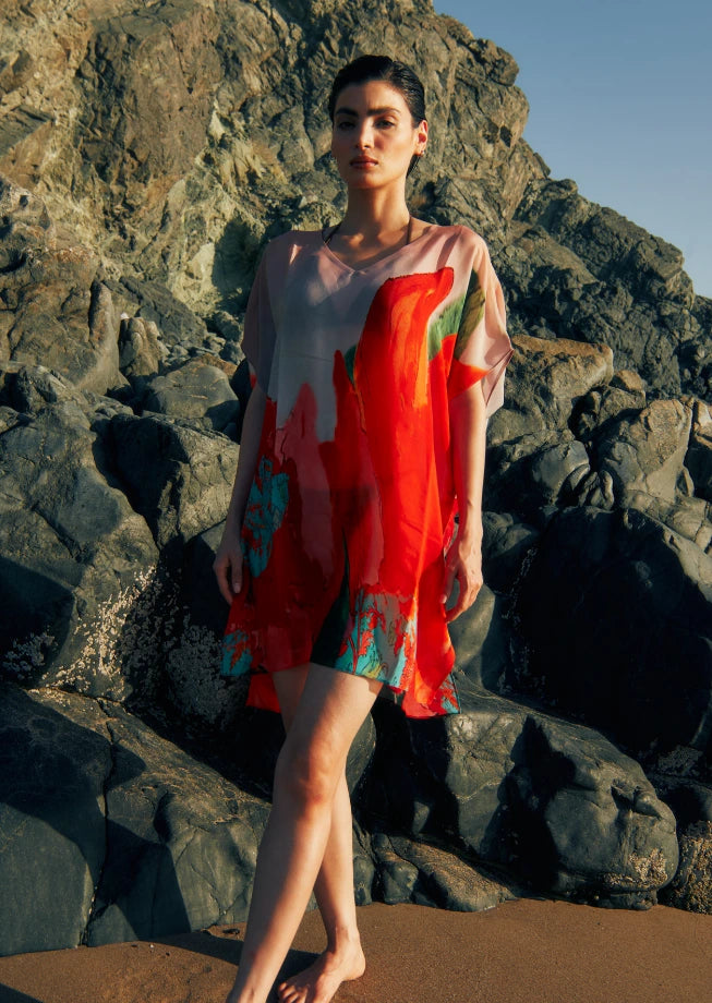 Coral Mirage Floral Printed Sheer Short Kaftan