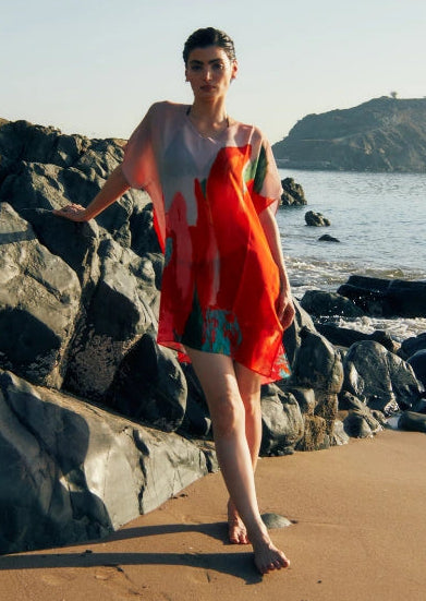 Coral Mirage Floral Printed Sheer Short Kaftan