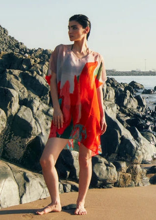 Coral Mirage Floral Printed Sheer Short Kaftan