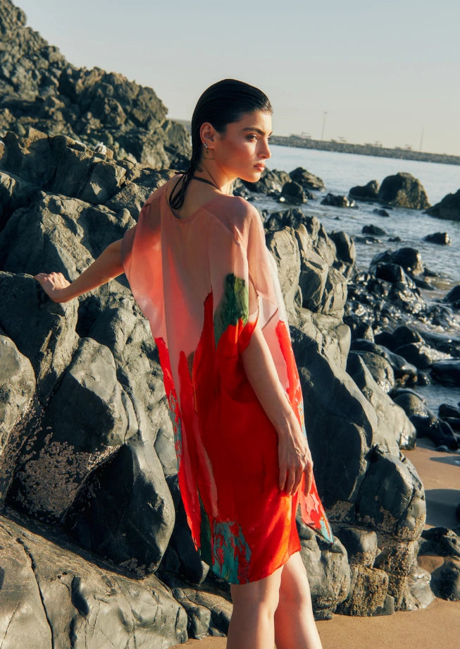 Coral Mirage Floral Printed Sheer Short Kaftan