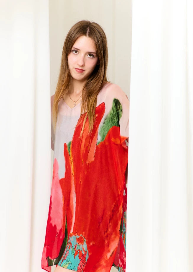 Coral Mirage Floral Printed Sheer Short Kaftan
