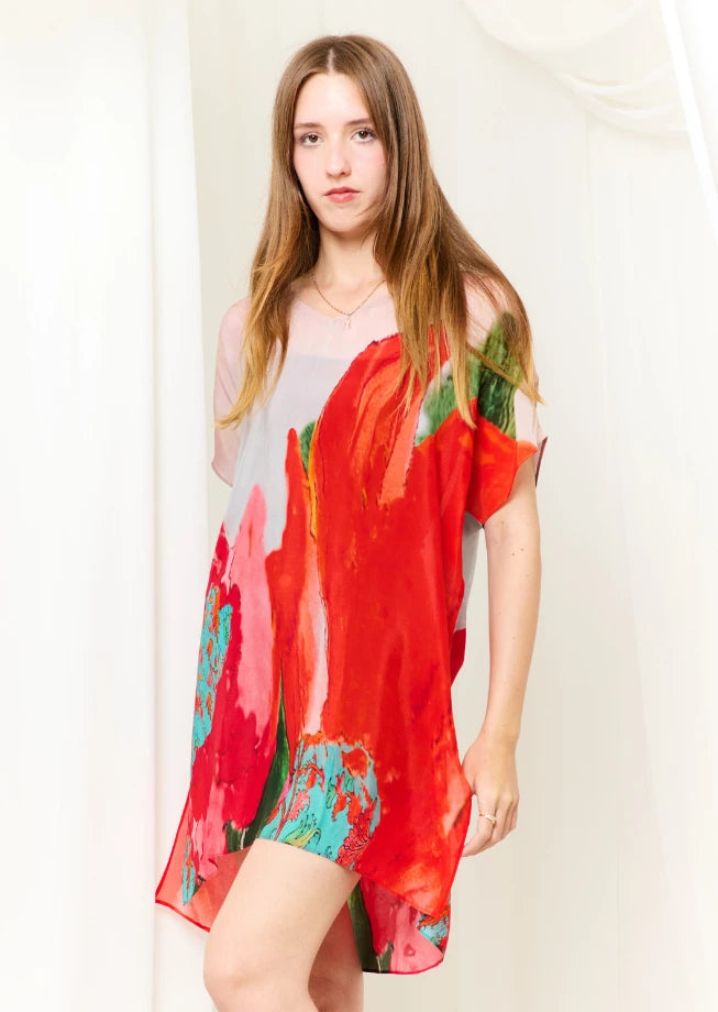 Coral Mirage Floral Printed Sheer Short Kaftan