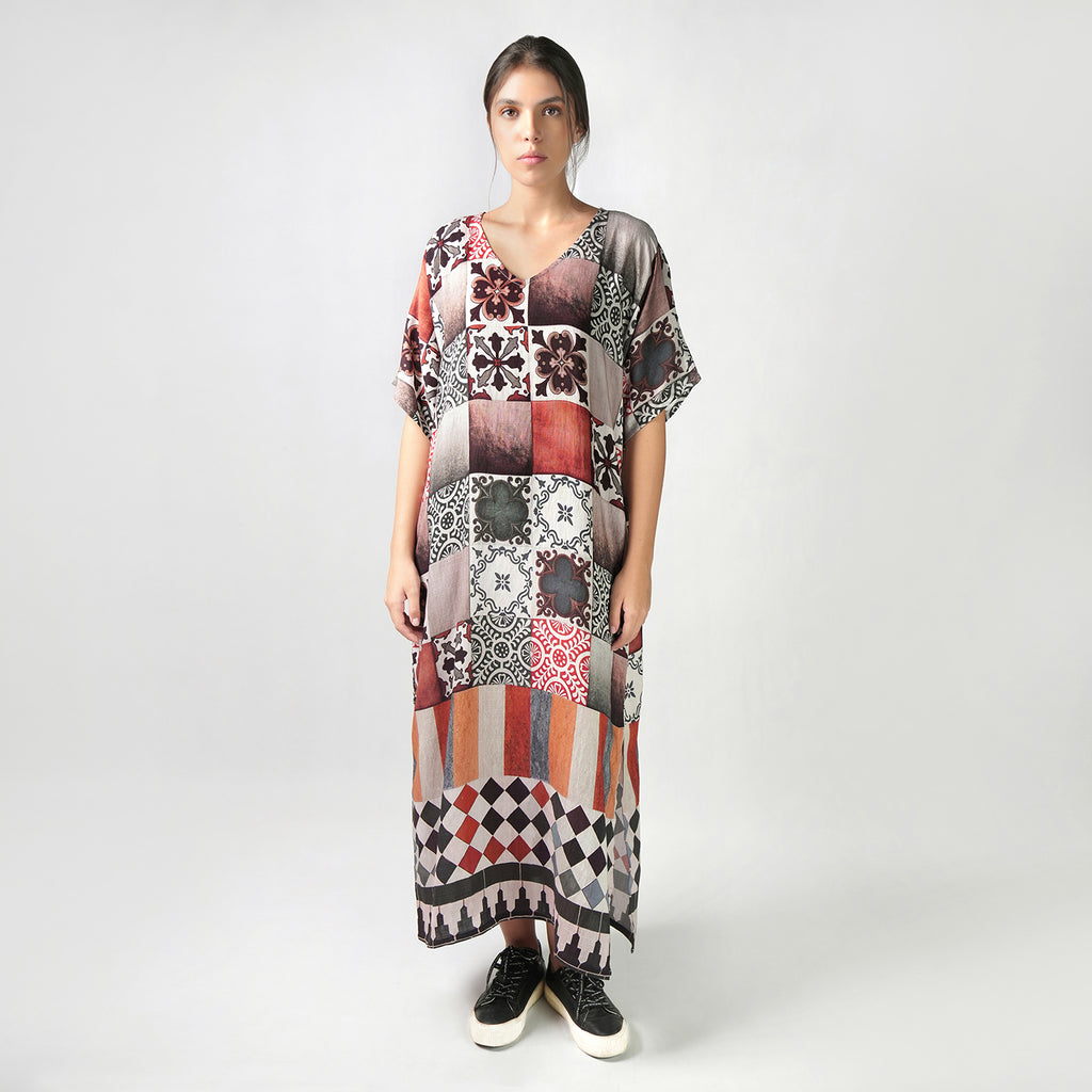 Celestial Tesserae Mosaic Print Long Kaftan Dress