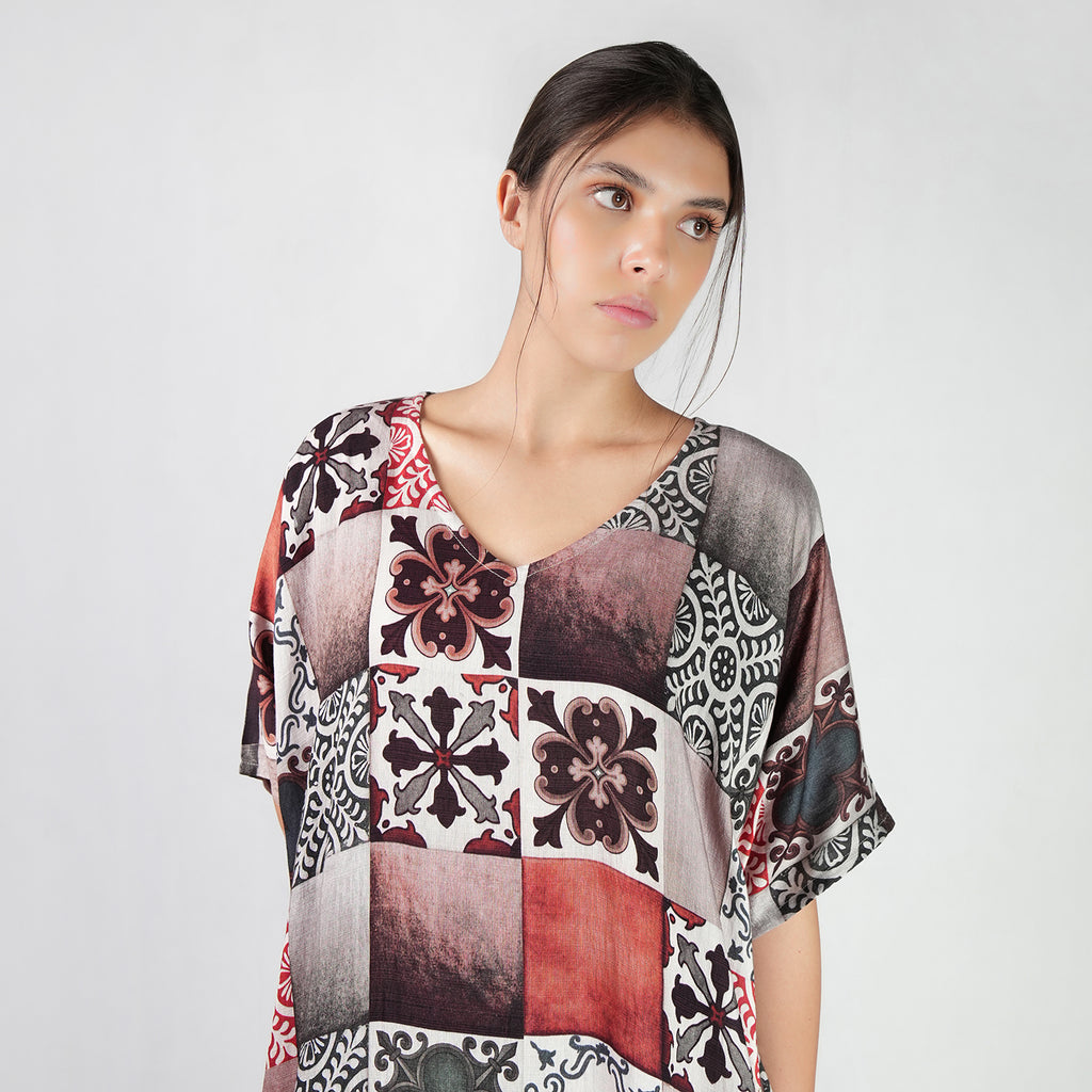 Celestial Tesserae Mosaic Print Long Kaftan Dress