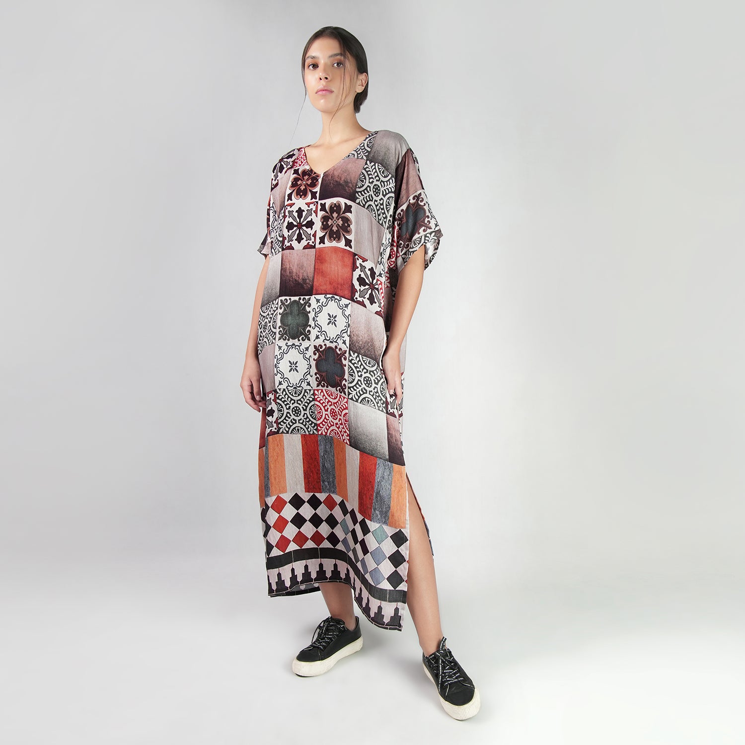 Celestial Tesserae Mosaic Print Long Kaftan Dress
