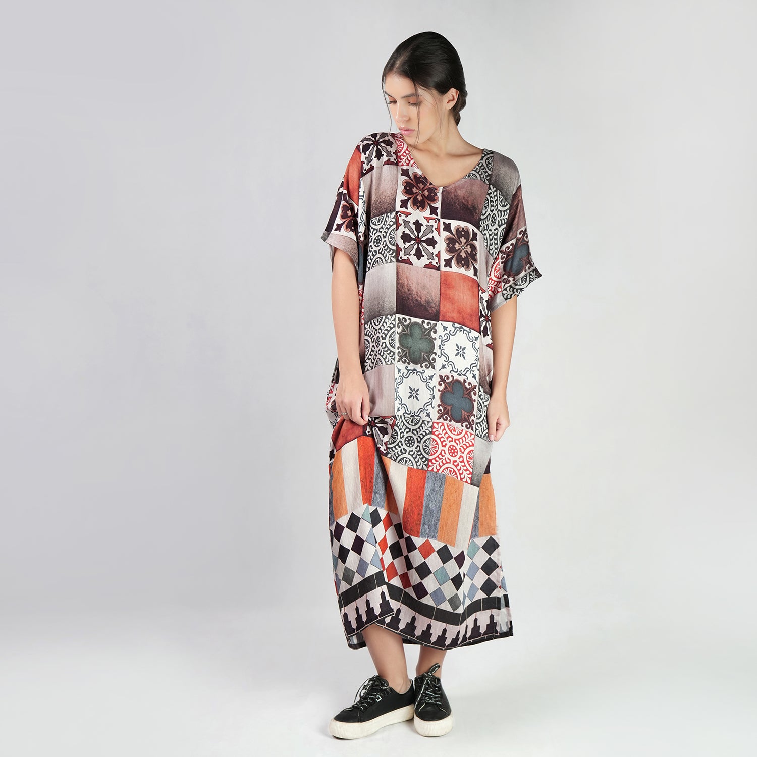 Celestial Tesserae Mosaic Print Long Kaftan Dress