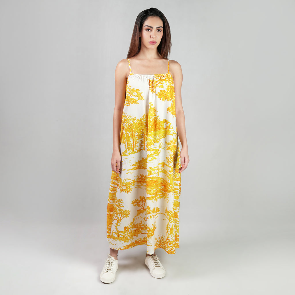 A Place In Time Scenic Toile Countryside Spaghetti Strap Maxi Dress