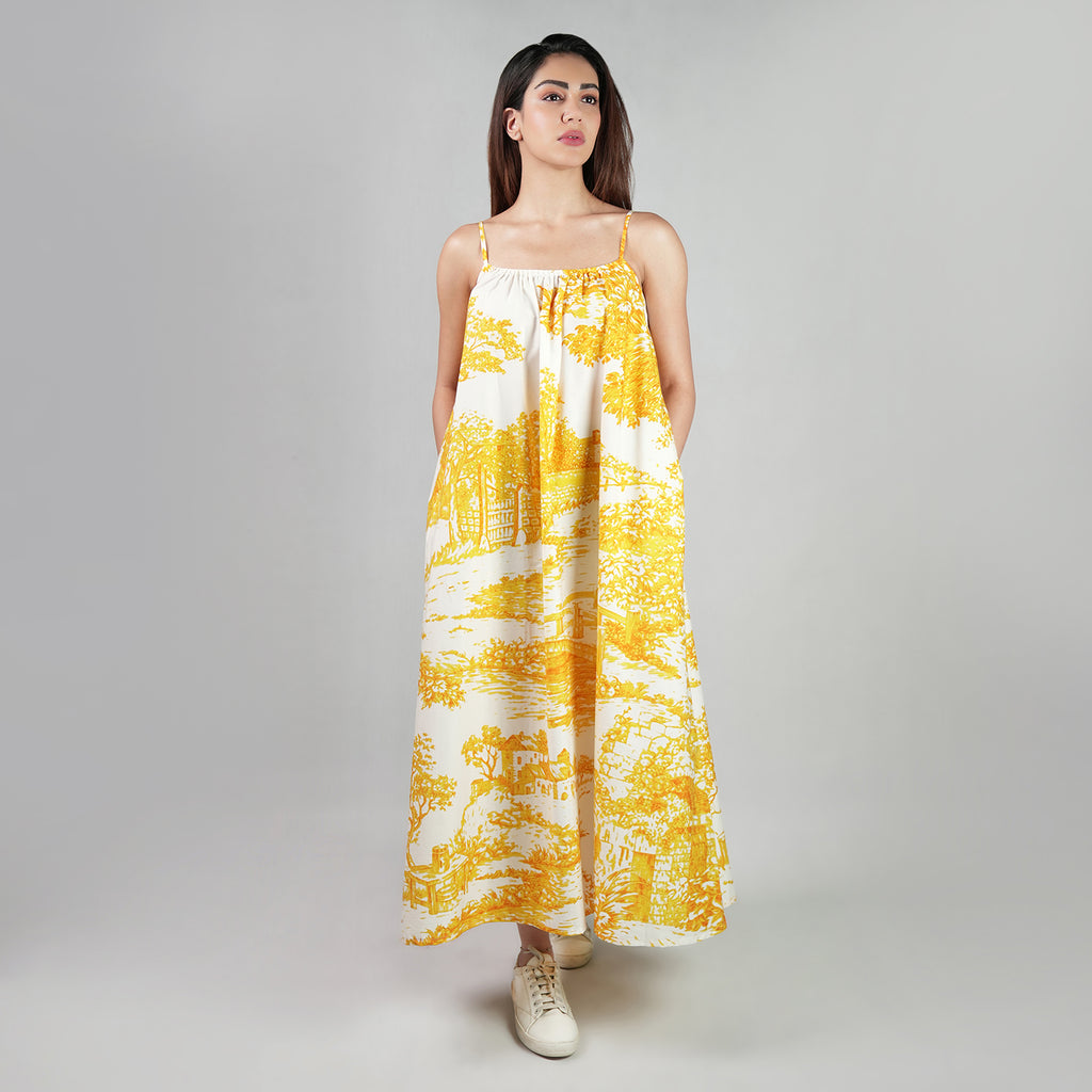 A Place In Time Scenic Toile Countryside Spaghetti Strap Maxi Dress