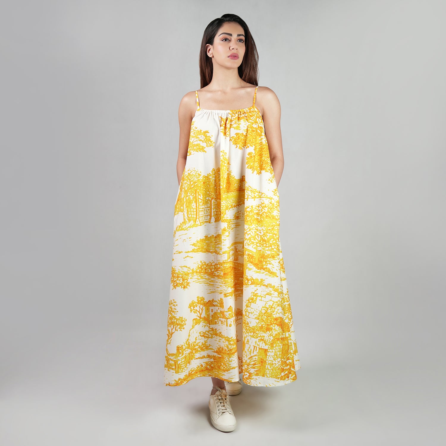 A Place In Time Scenic Toile Countryside Spaghetti Strap Maxi Dress