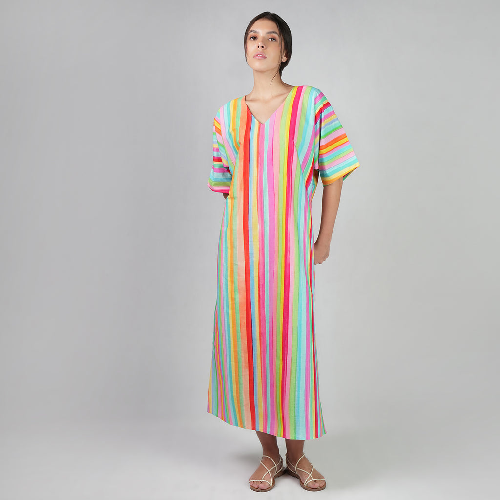 The Palette Multicolour Rainbow Colour Long Kaftan Dress With Side Slit