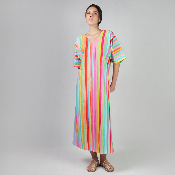 The Palette Multicolour Rainbow Colour Long Kaftan Dress With Side Slit