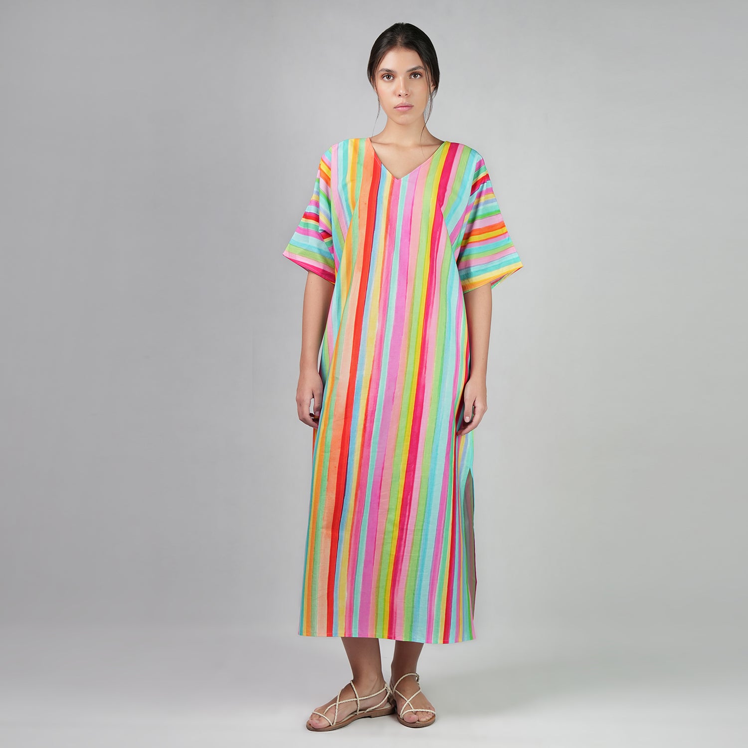 The Palette Multicolour Rainbow Colour Long Kaftan Dress With Side Slit