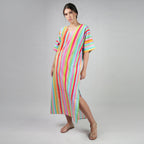 The Palette Multicolour Rainbow Colour Long Kaftan Dress With Side Slit