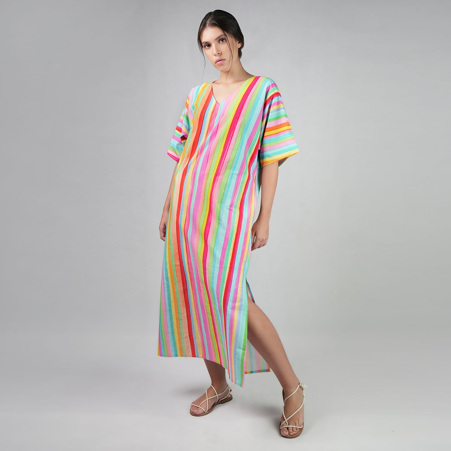 The Palette Multicolour Rainbow Colour Long Kaftan Dress With Side Slit