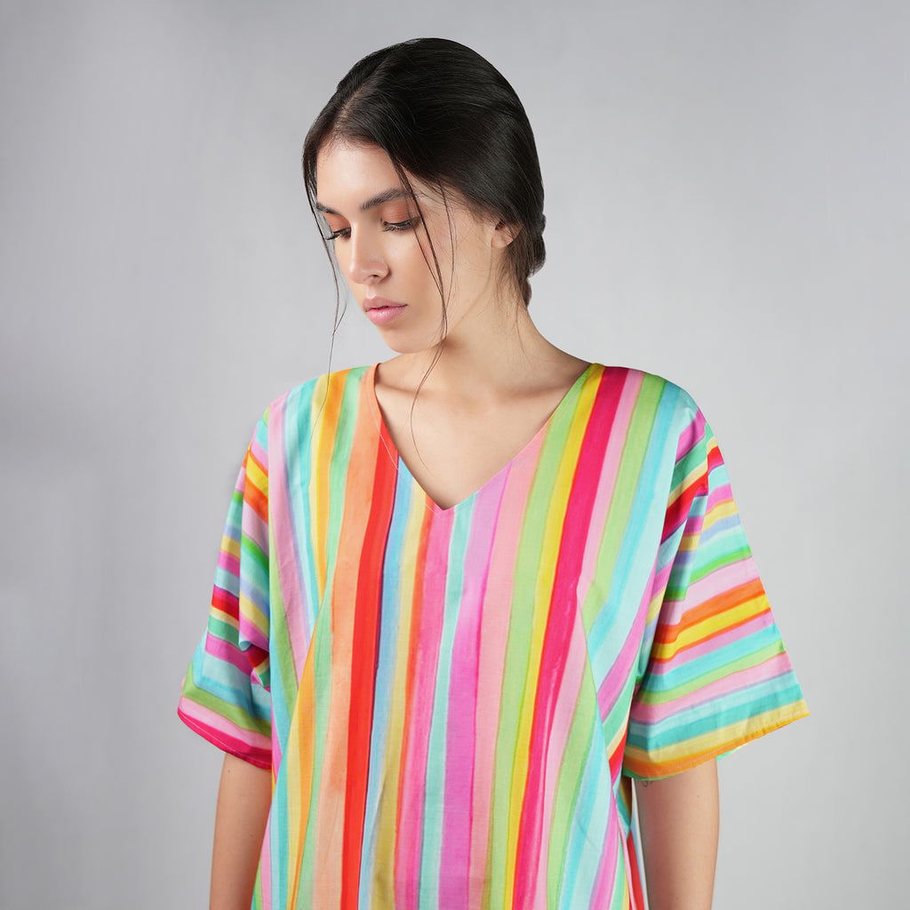 The Palette Multicolour Rainbow Colour Long Kaftan Dress With Side Slit
