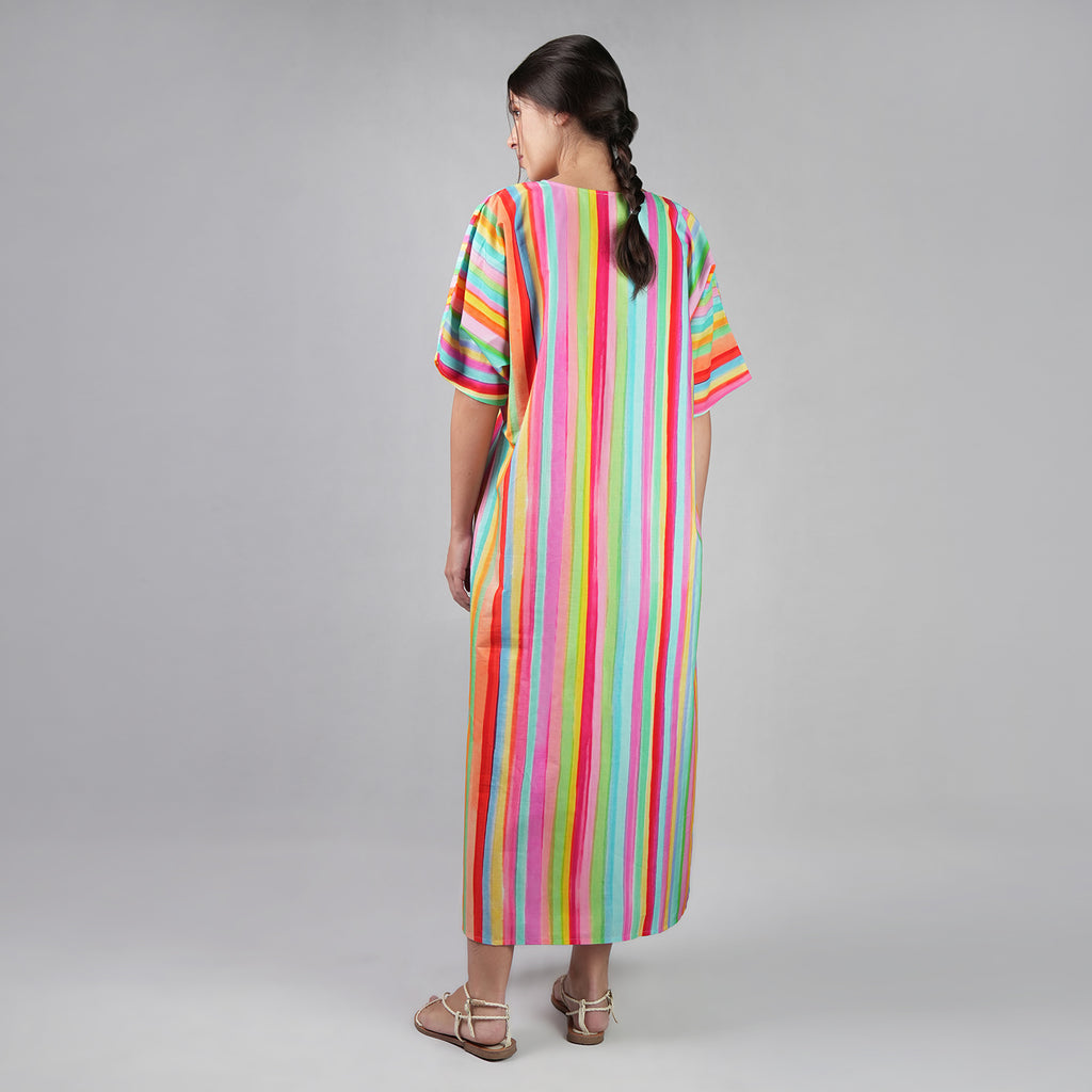 The Palette Multicolour Rainbow Colour Long Kaftan Dress With Side Slit