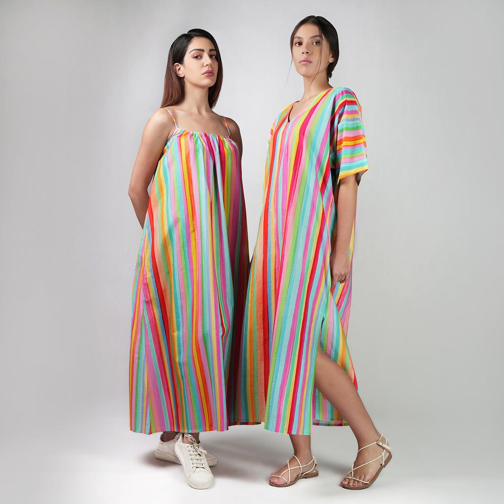 The Palette Multicolour Rainbow Colour Long Kaftan Dress With Side Slit