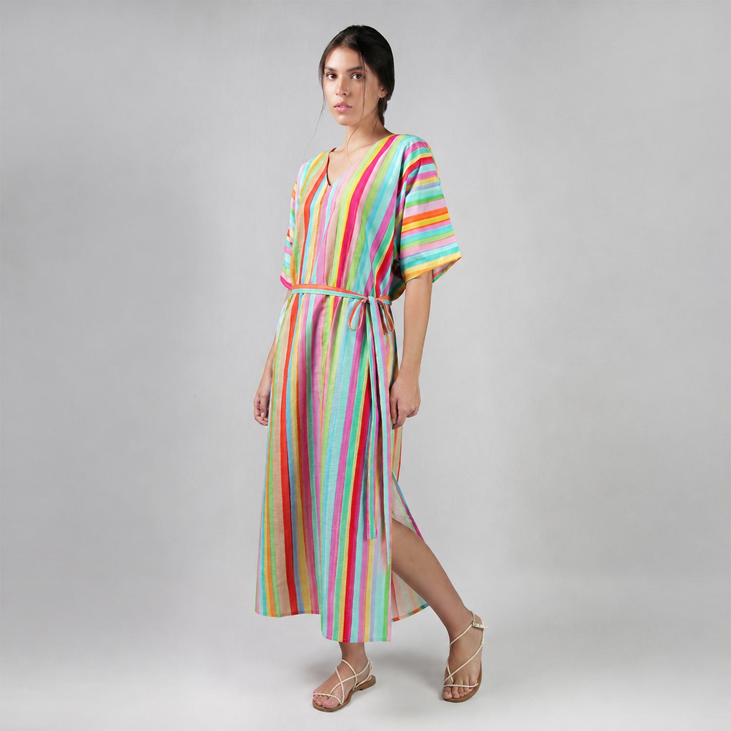 The Palette Multicolour Rainbow Colour Long Kaftan Dress With Side Slit