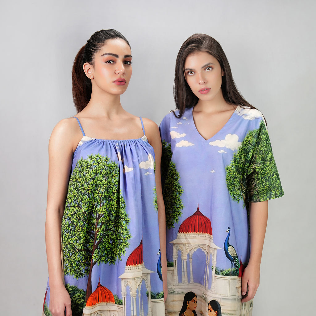 Saanjh Heritage Art Print Long Kaftan Dress