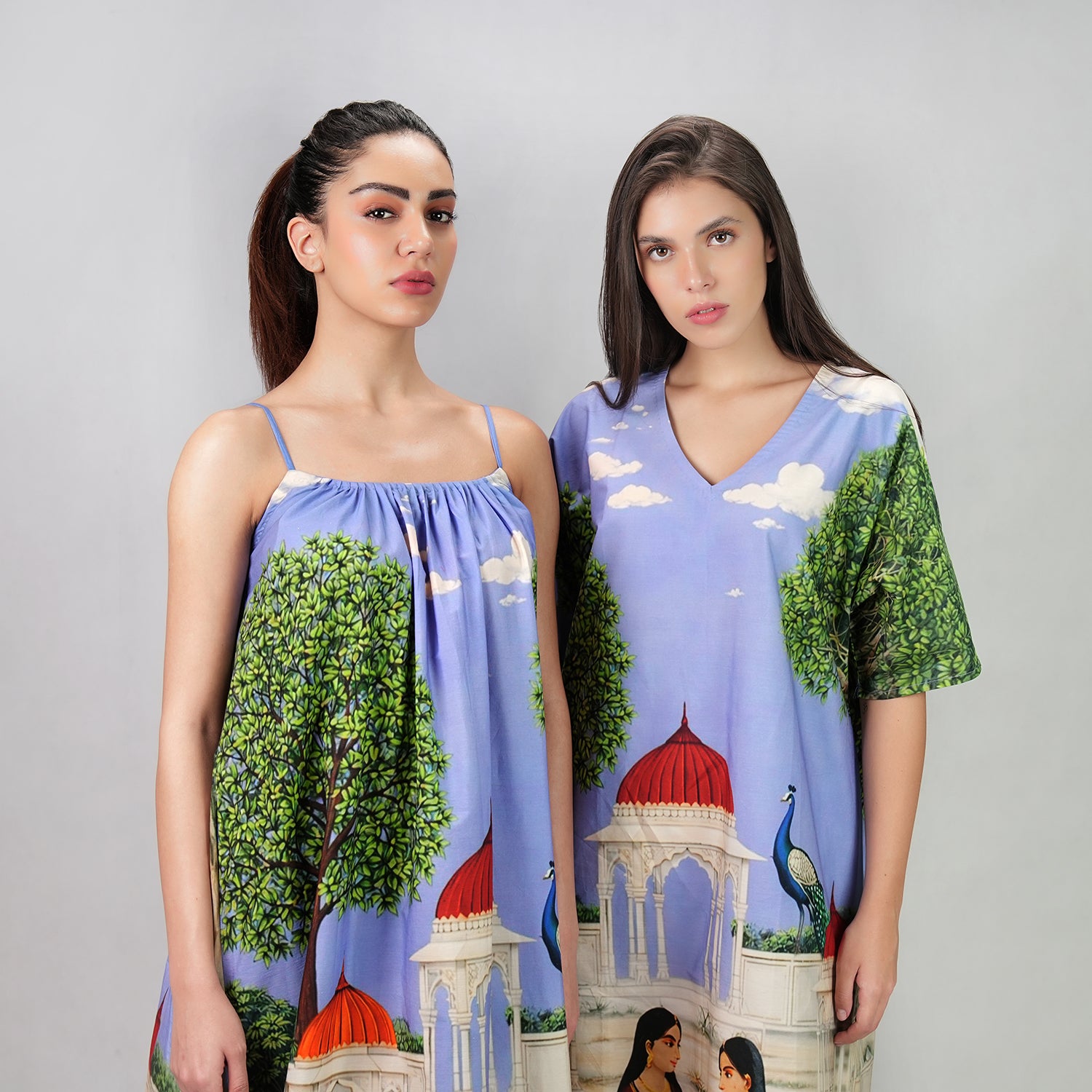 Saanjh Heritage Art Print Long Kaftan Dress