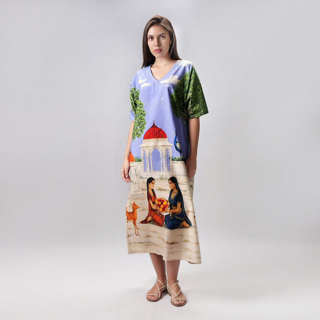 Saanjh Heritage Art Print Long Kaftan Dress