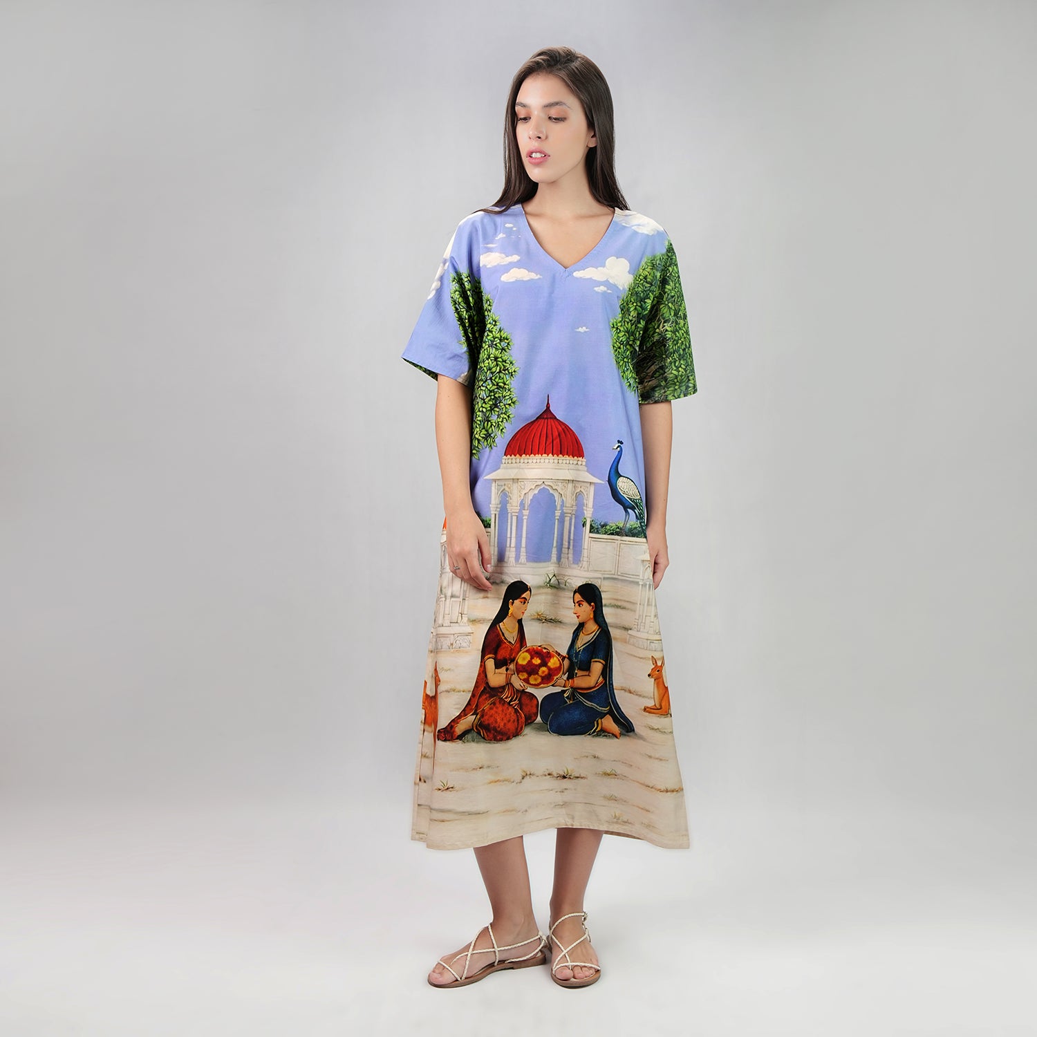 Saanjh Heritage Art Print Long Kaftan Dress