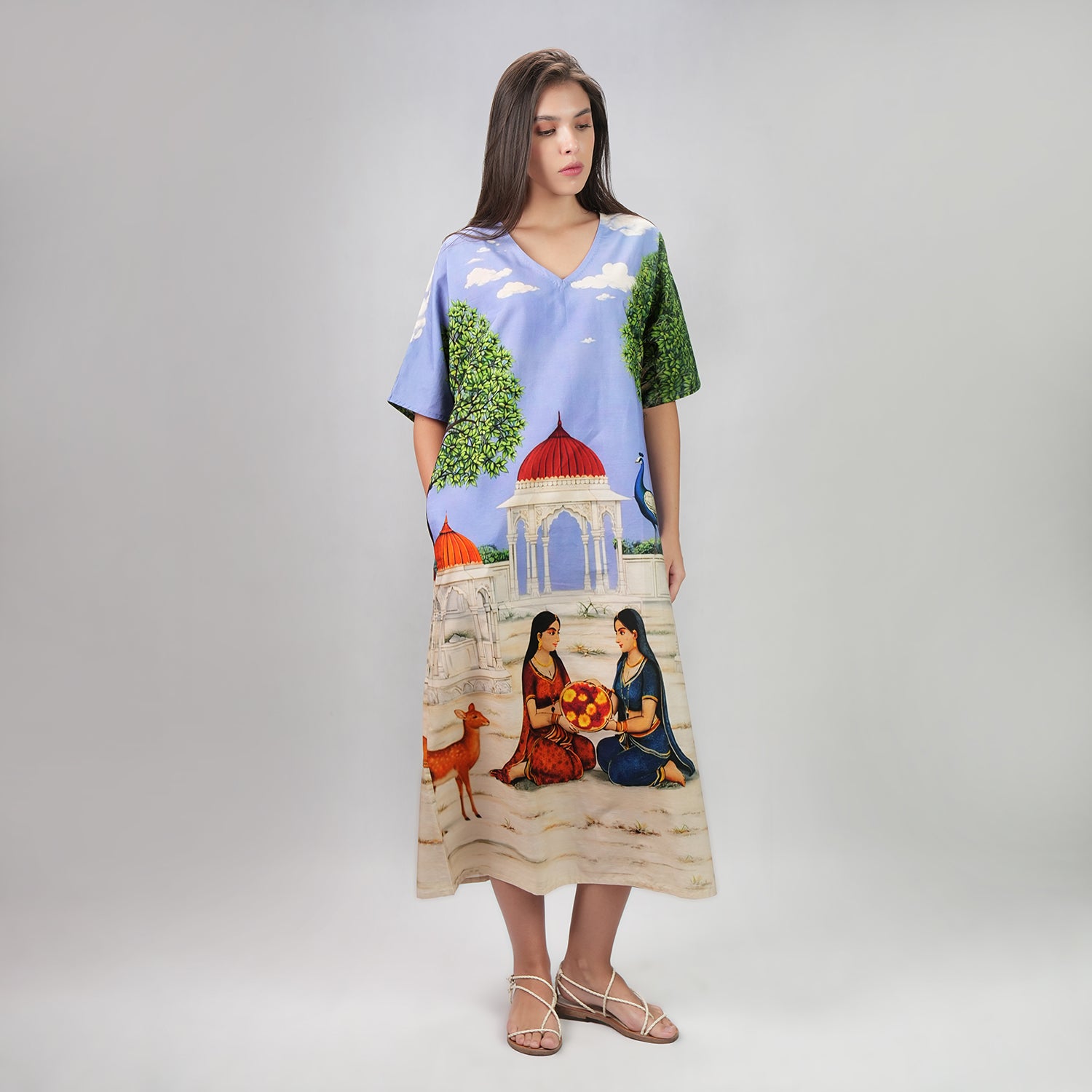 Saanjh Heritage Art Print Long Kaftan Dress