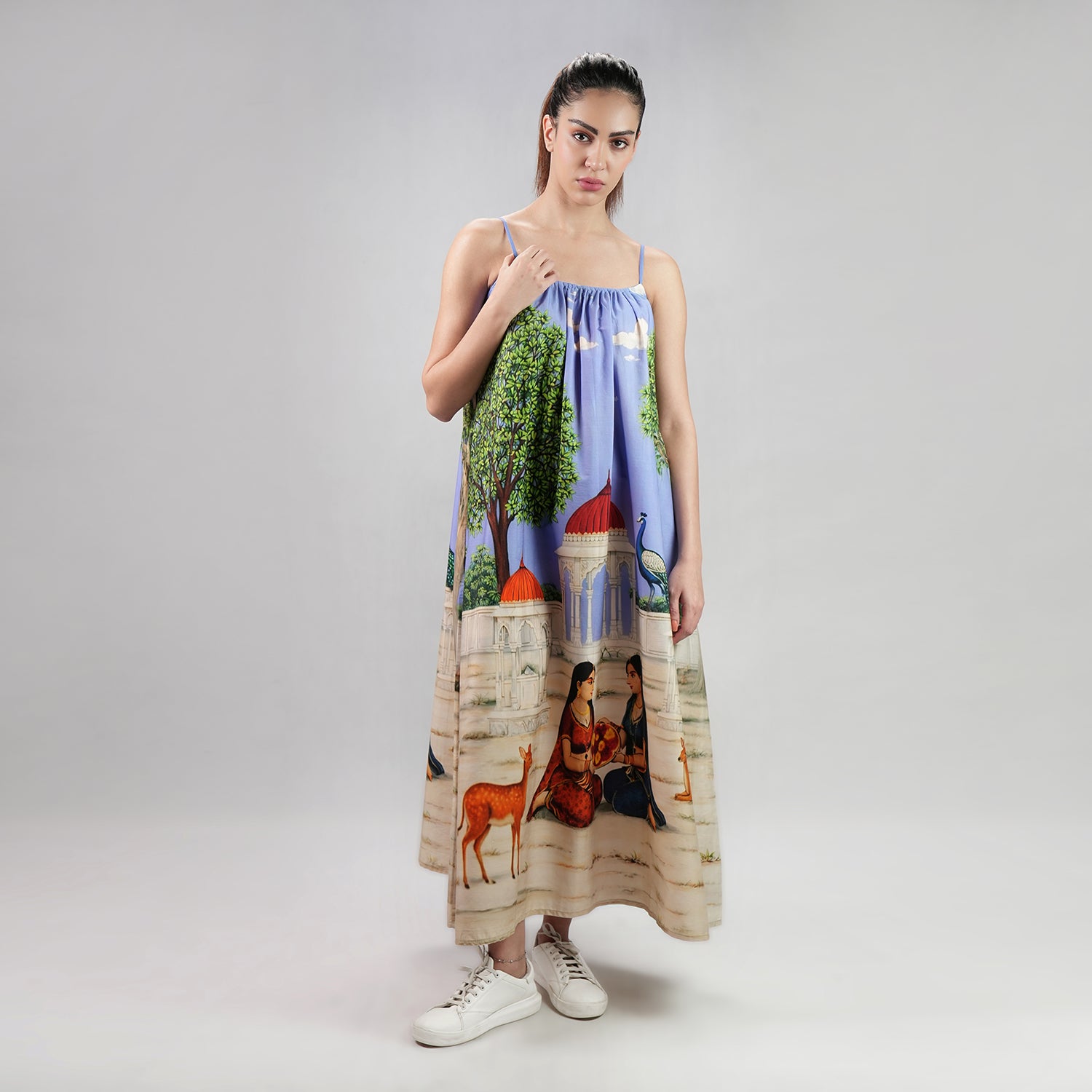 Saanjh Heritage Art Print Spaghetti Strap Maxi Dress - Multicolor